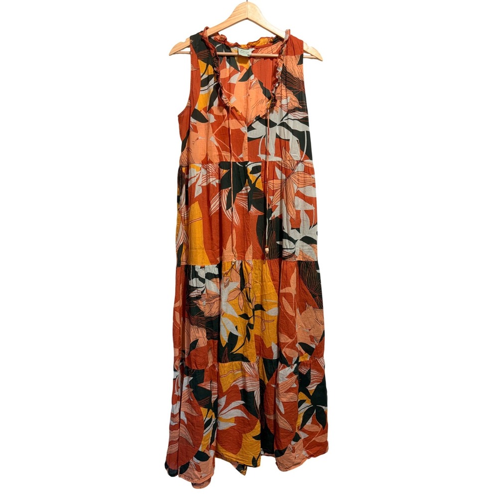 NWOT True Destinations Floral Boho Cotton Maxi Dress Tiered Ruffle Concert M